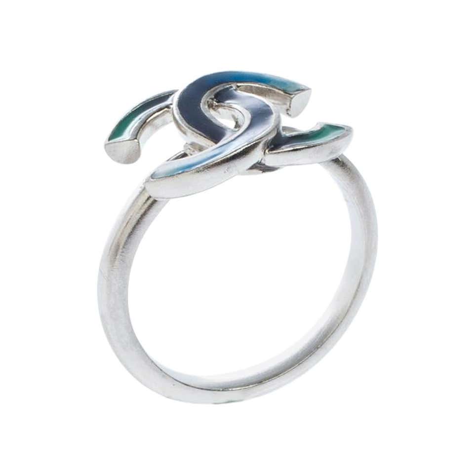 Chanel CC Blue Enamel Silver Tone Ring Size 54 For Sale at 1stDibs ...