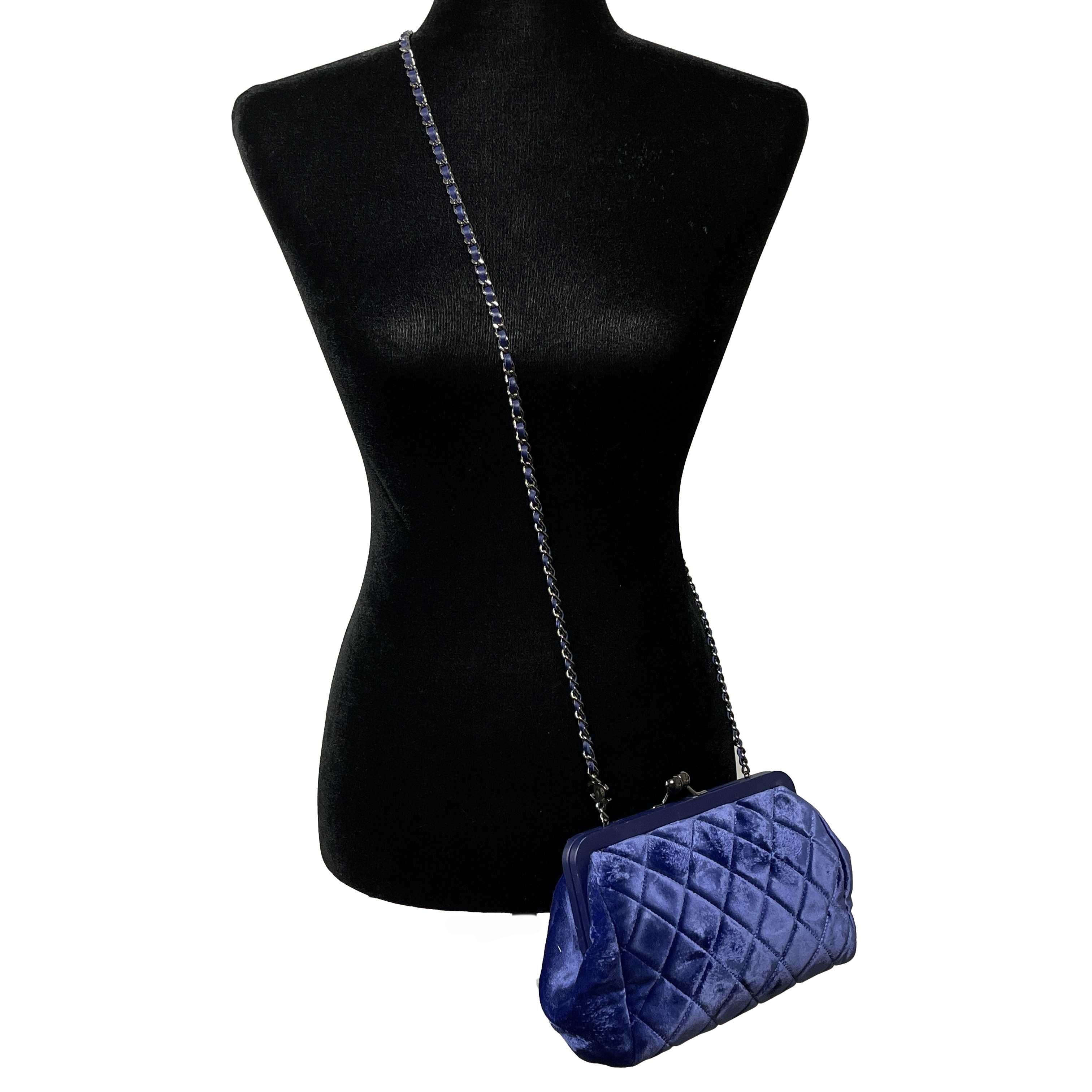 CHANEL- CC Blue Kiss-lock Velvet Quilted Stitched Clutch / Crossbody 4