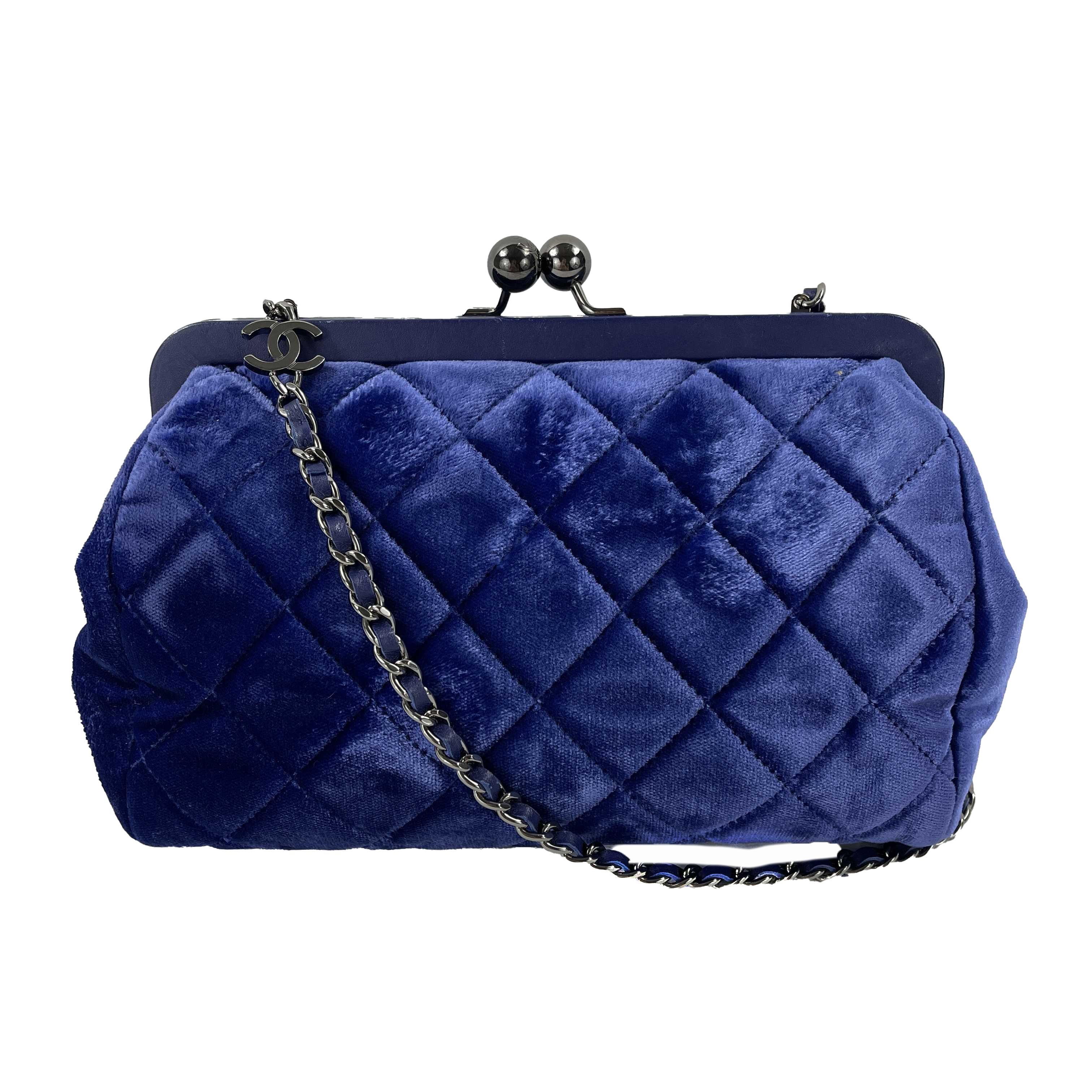 CHANEL- CC Blue Kiss-lock Velvet Quilted Stitched Clutch / Crossbody 1