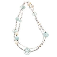 Chanel CC Blue Resin Beads Silver Tone Station Necklace