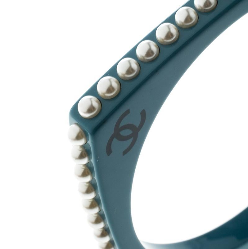Contemporary Chanel CC Blue Resin Faux Pearl Square Bangle Bracelet