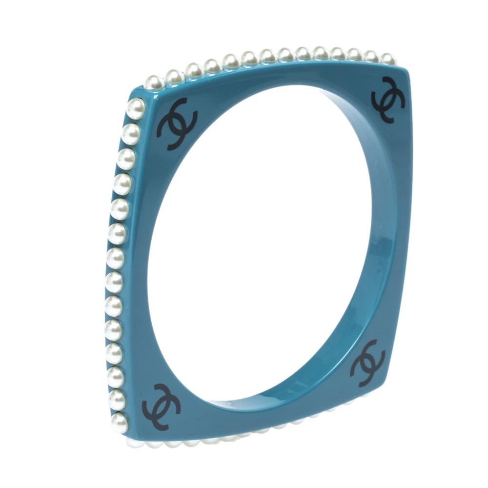 Uncut Chanel CC Blue Resin Faux Pearl Square Bangle Bracelet