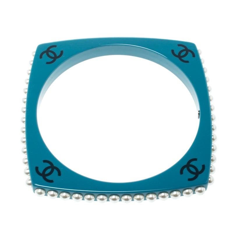 Women's Chanel CC Blue Resin Faux Pearl Square Bangle Bracelet