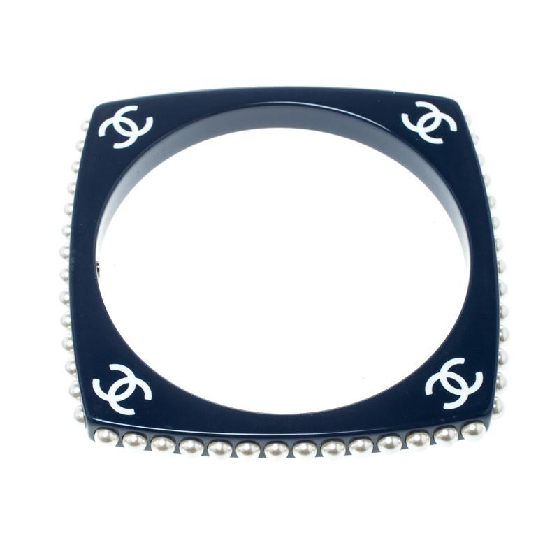 Women's Chanel CC Blue Resin Faux Pearl Square Bangle Bracelet