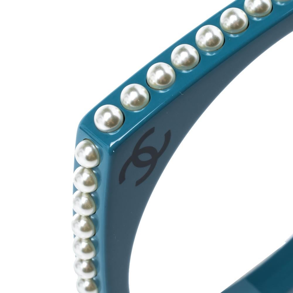 Chanel CC Blue Resin Faux Pearl Square Bangle Bracelet 1