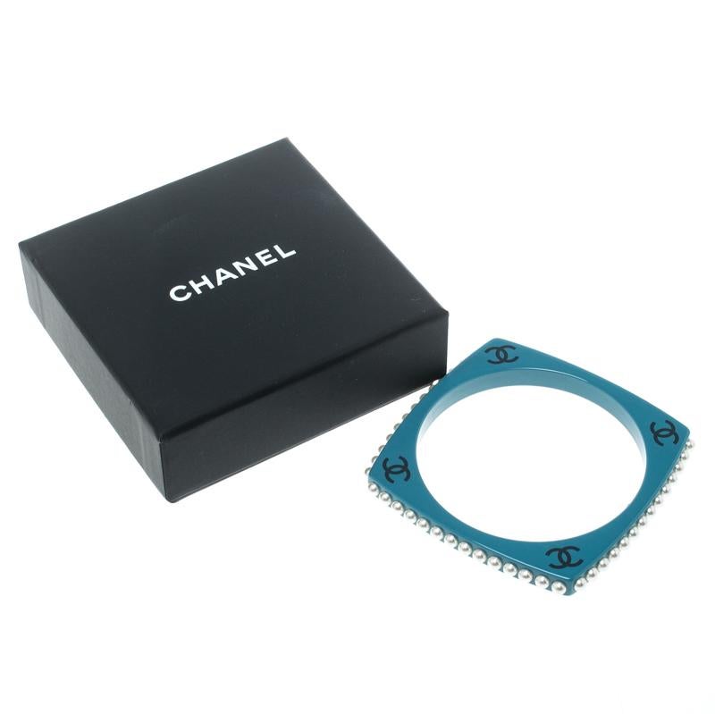 Chanel CC Blue Resin Faux Pearl Square Bangle Bracelet 2