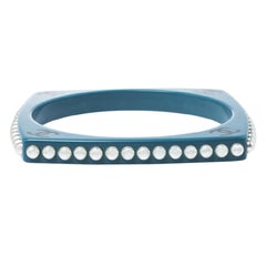 Chanel CC Blue Resin Faux Pearl Square Bangle Bracelet