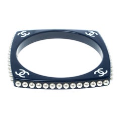 Chanel CC Blue Resin Faux Pearl Square Bangle Bracelet