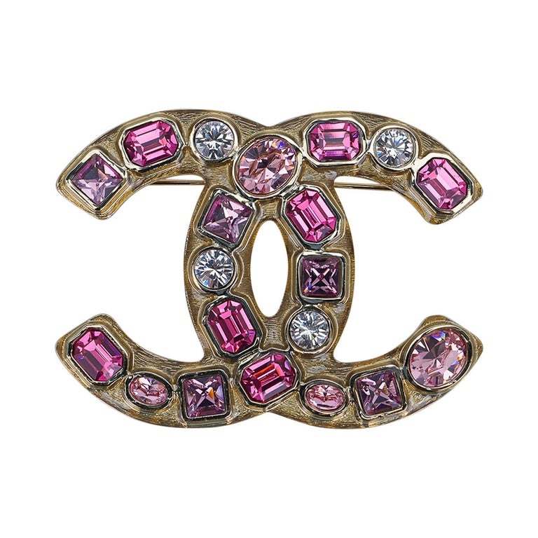 Original CHANEL double C Brooch with Pink/White/Yellow Crystal and Pearl  drop