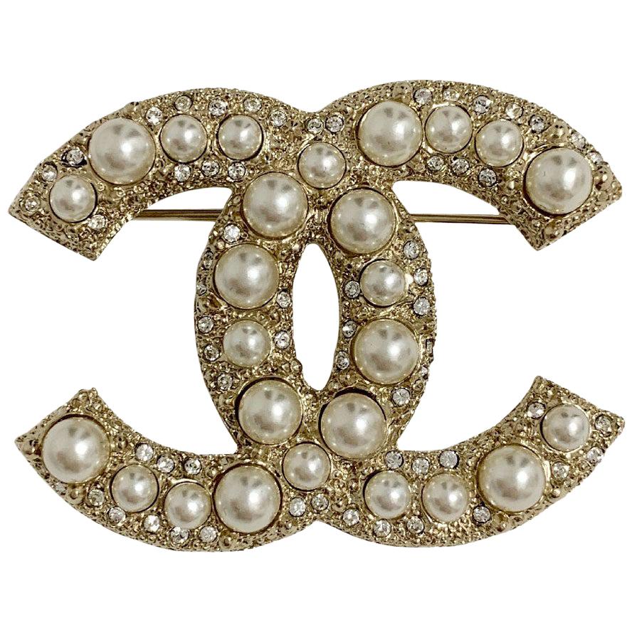 Chanel Rhinestone Double CC Logo Gold Toned Brooch Pin at 1stDibs