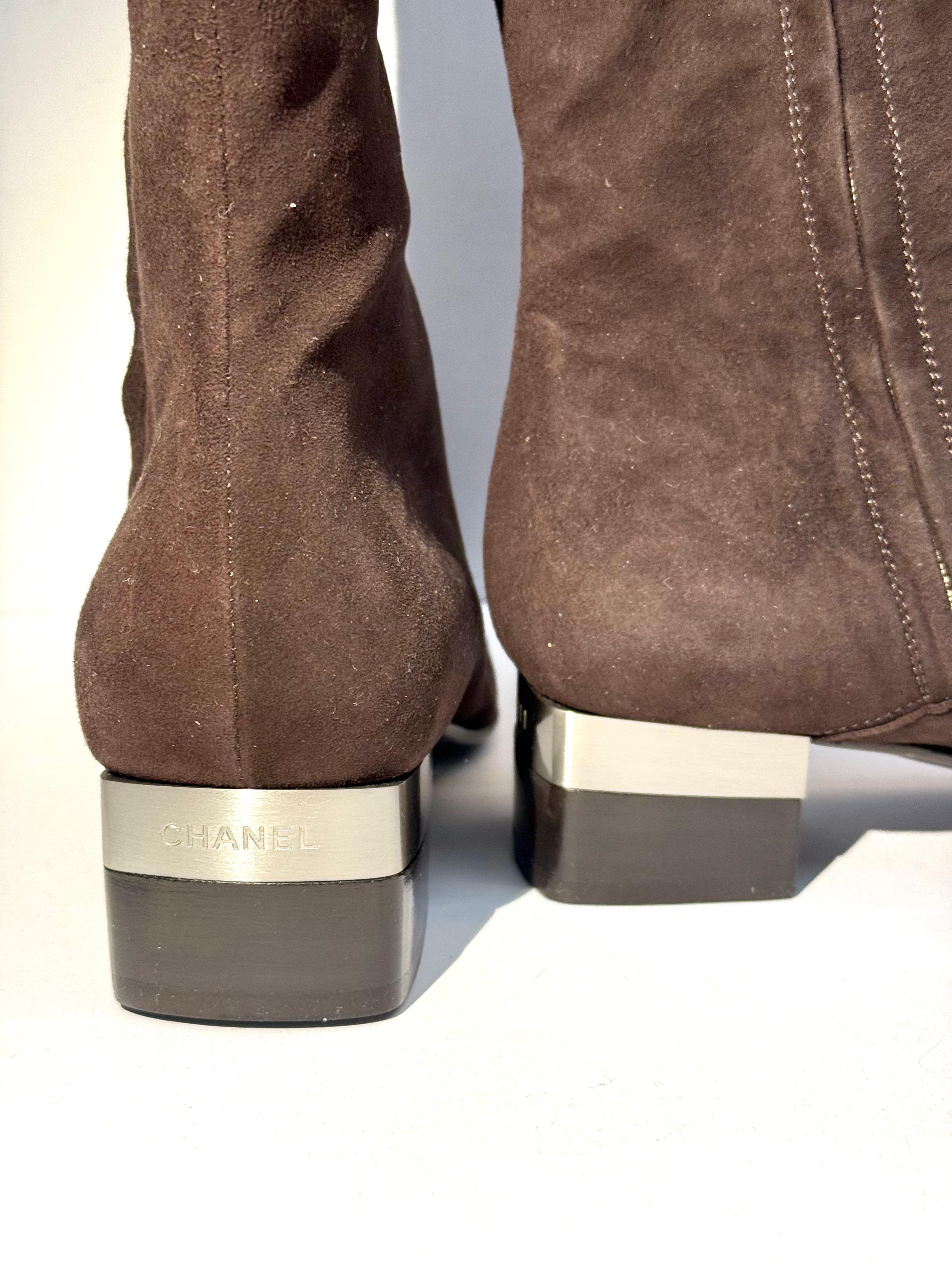 Brown Chanel CC brown suede boots For Sale