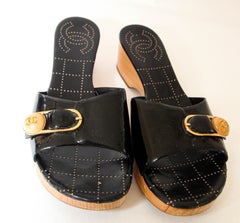 CHANEL CC Buckle Black Leather Clog Sandals 7.5 EU38