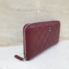 Chanel CC Burgundy Quilted Caviar Leather Zip Around Long Wallet