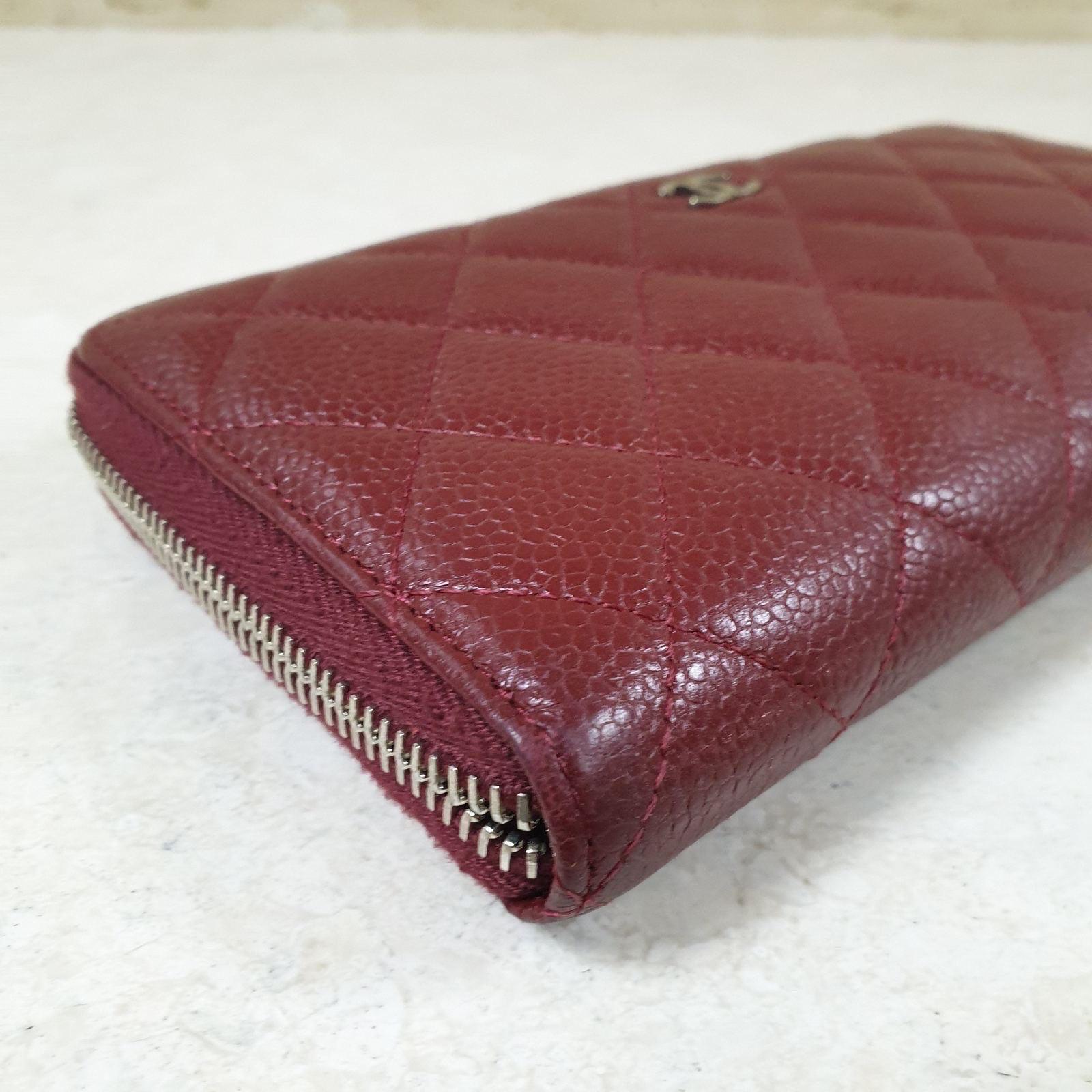 Chanel CC Burgundy Quilted Caviar Leather Zip Around Long Wallet 1