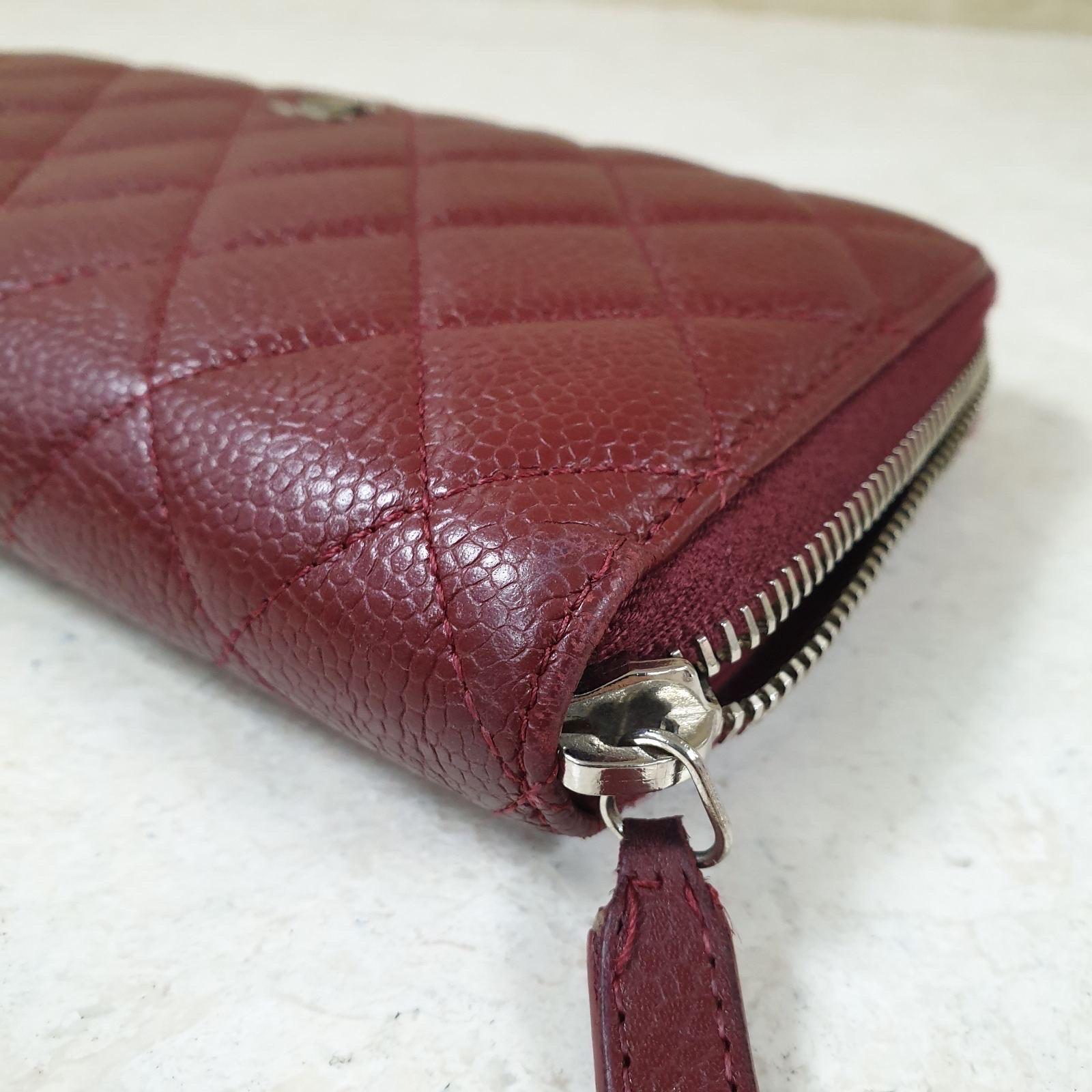 Chanel CC Burgundy Quilted Caviar Leather Zip Around Long Wallet 2