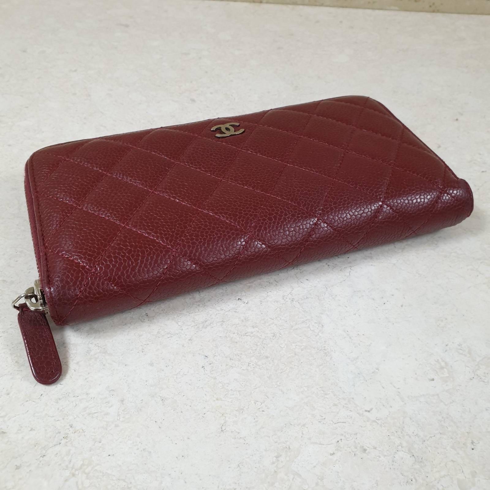Chanel CC Burgundy Quilted Caviar Leather Zip Around Long Wallet 4