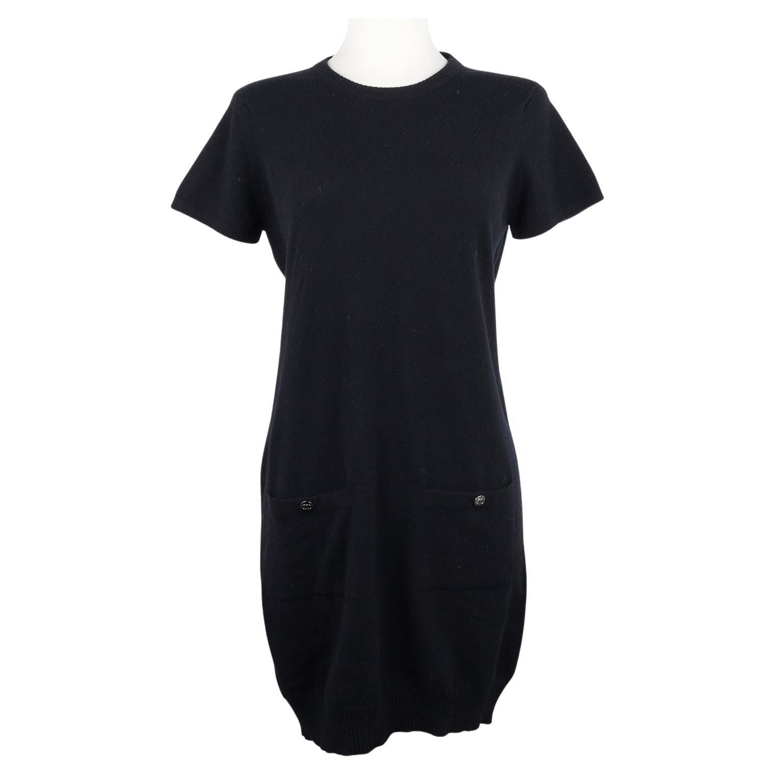 Chanel CC Button Knit Cashmere Dress Black Size 42 US10