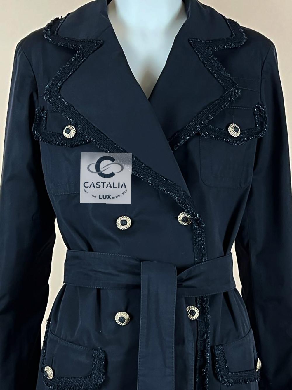 Women's or Men's Chanel CC Buttons Black Belted Trench Coat 34 FR For Sale
