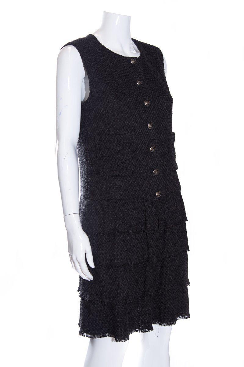 Women's or Men's Chanel CC Buttons Black Ribbon Tweed Dress For Sale