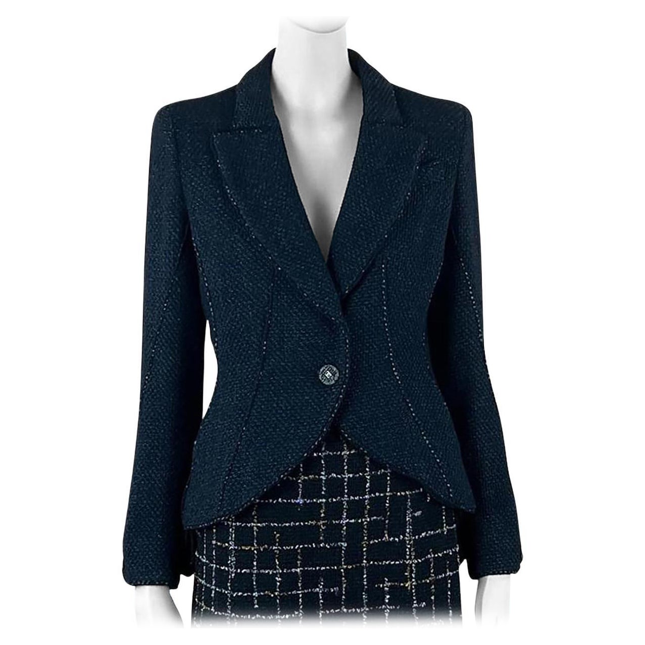 Chanel CC Buttons Navy 
Green Lesage Tweed Jacket 38 FR