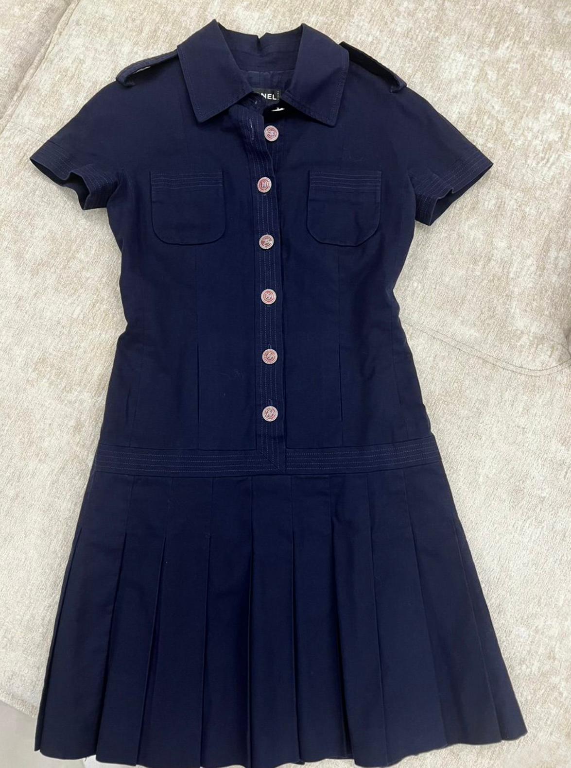 Women's or Men's Chanel CC Buttons Navy Pleated Dress For Sale