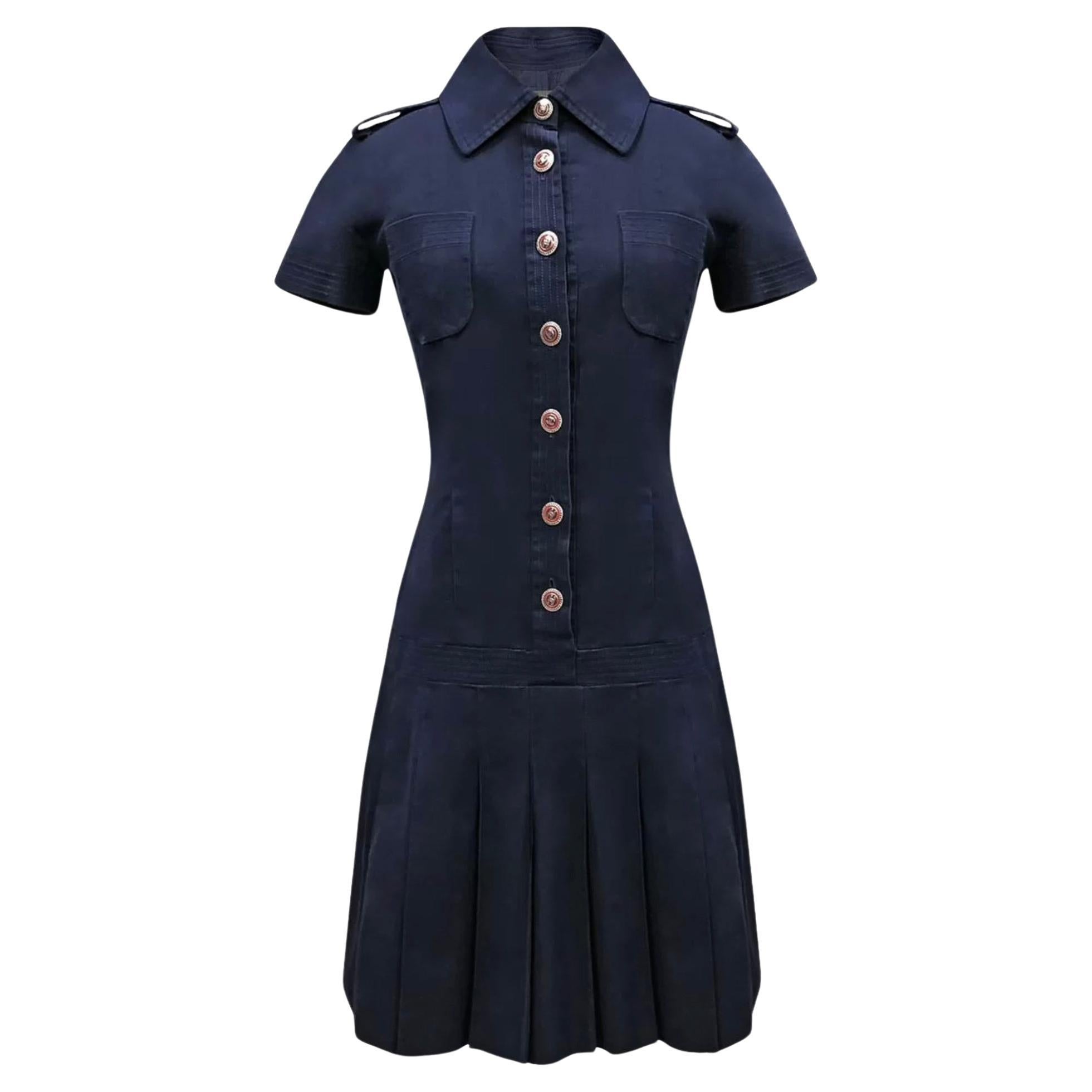 Chanel CC Buttons Navy Pleated Dress For Sale