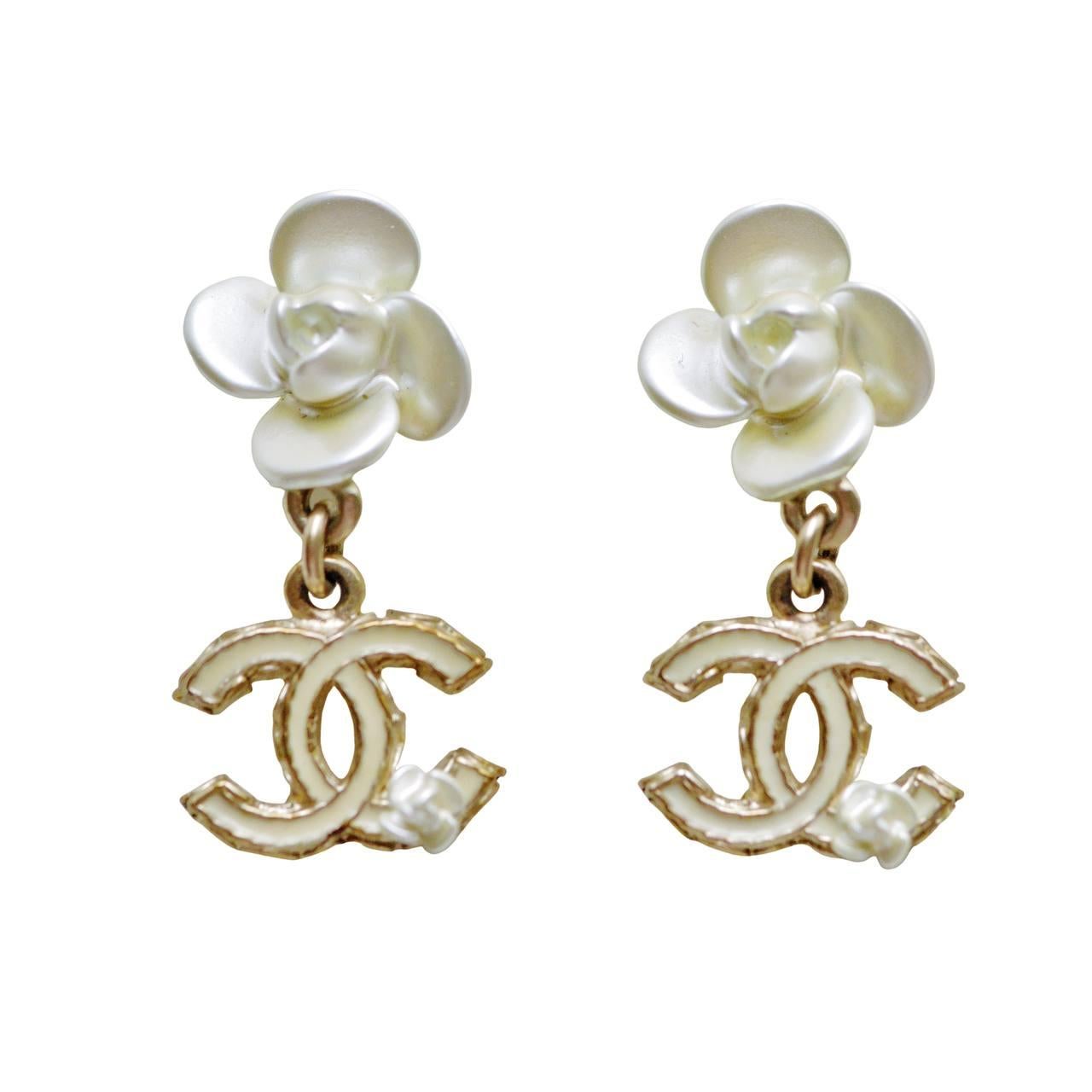 Chanel CC Camellia Enamel Dangle Earrings For Sale