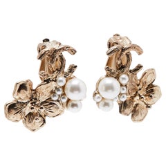 Chanel CC Camellia Faux Pearl Clip On Stud Earrings