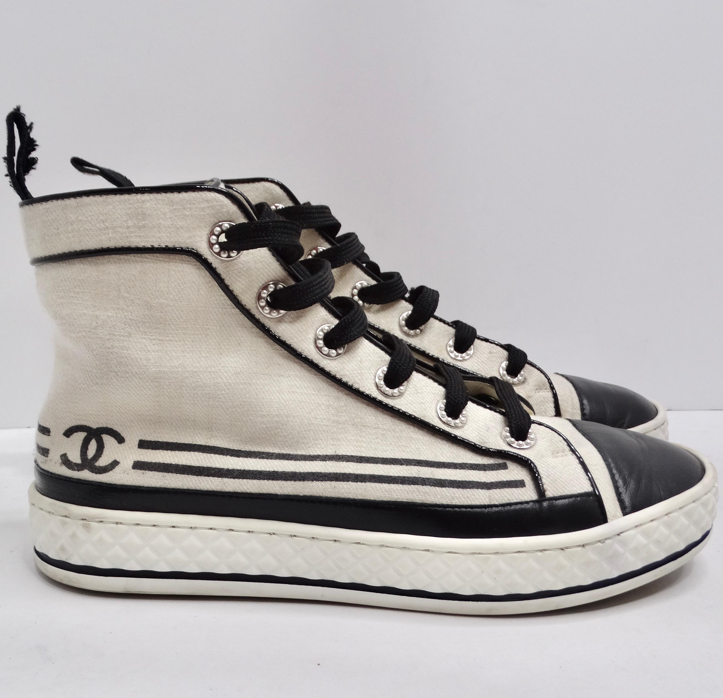 Chanel CC Canvas High Top Sneakers In Excellent Condition For Sale In Scottsdale, AZ