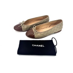 Chanel CC Cap Toe Bow Quilted Two Tone Taupe Brown Leather Ballerina Flats 41