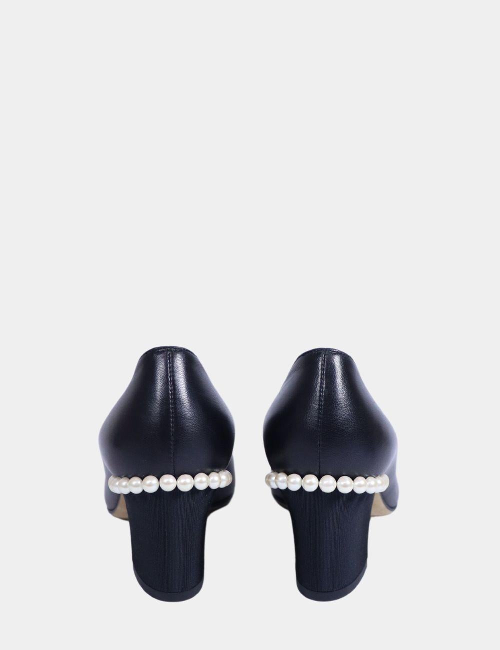 Black Chanel CC Cap Toe Pearl Embellished Block Heel Pumps Size EU 38