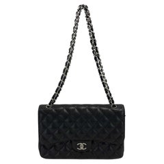 CHANEL CC Caviar Leather Jumbo Classic Double Flap Black / Silver Shoulder Bag