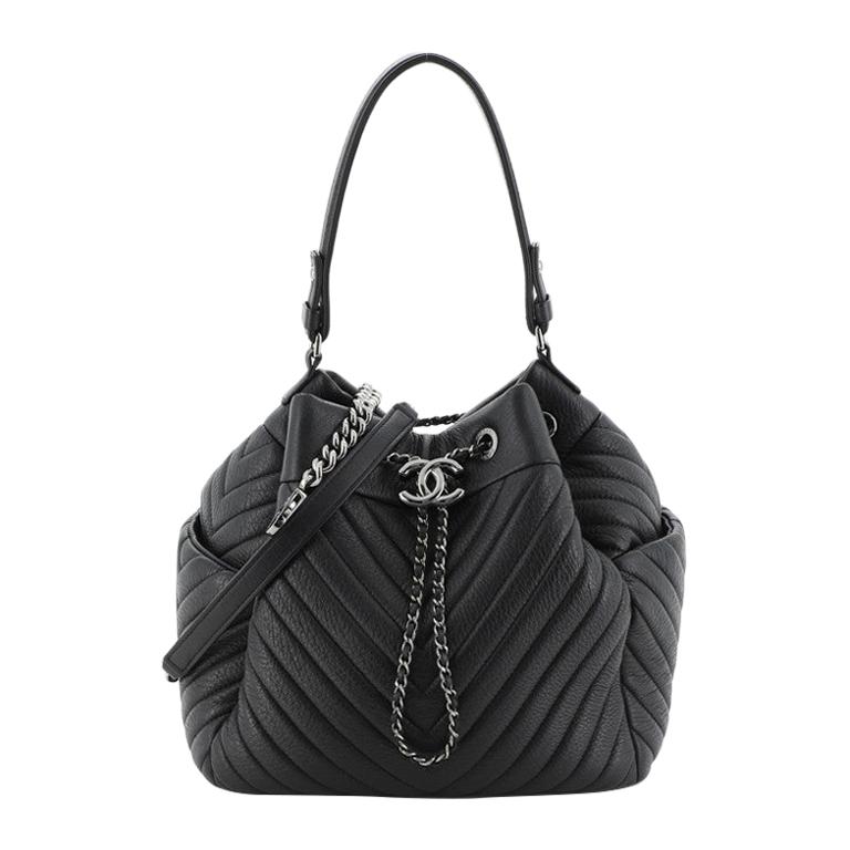 Chanel CC Chain Drawstring Bucket Bag Chevron Sheepskin Small at 1stDibs