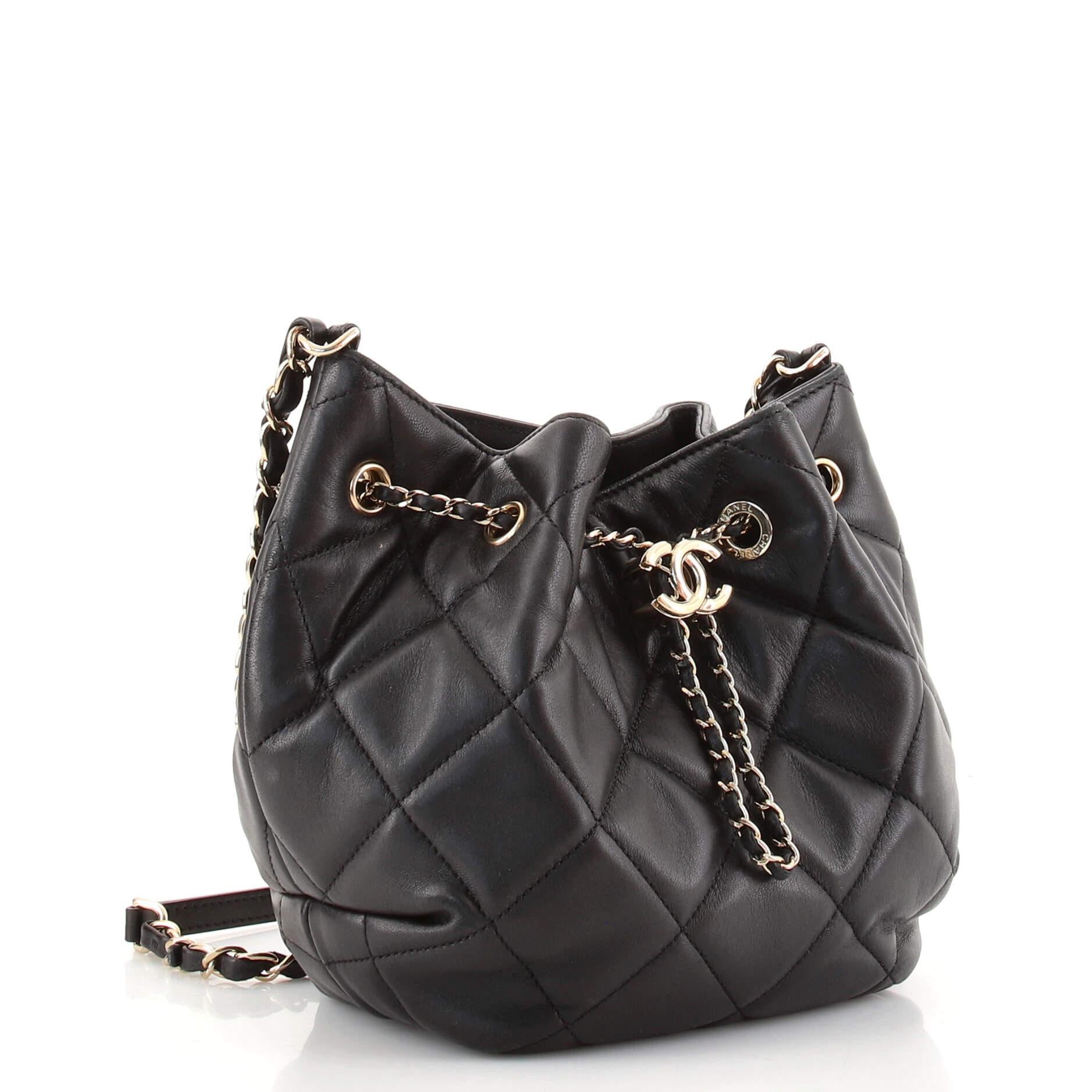 Black Chanel CC Chain Drawstring Bucket Bag Quilted Lambskin Mini