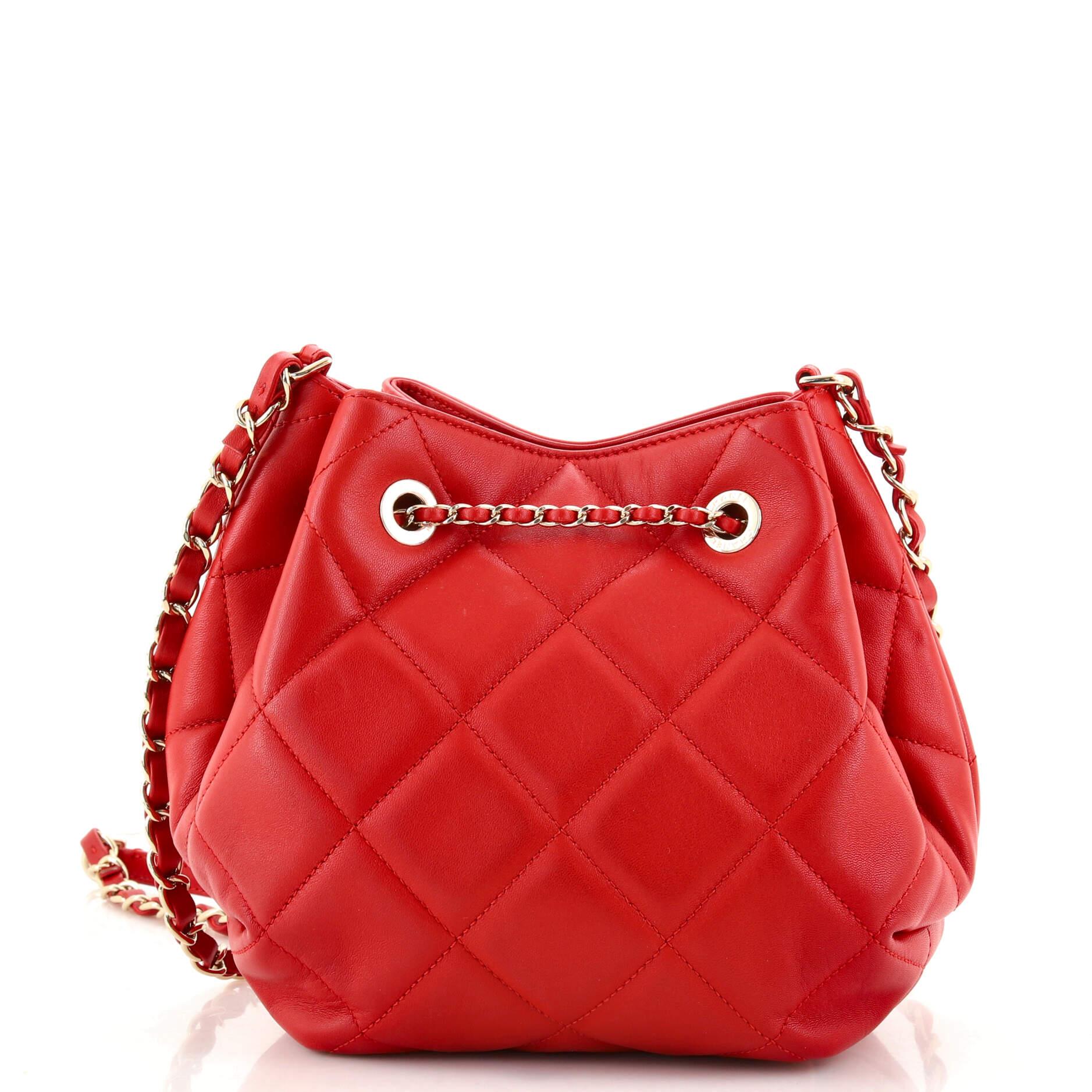 Chanel CC Chain Drawstring Bucket Bag Quilted Lambskin Mini In Good Condition In NY, NY