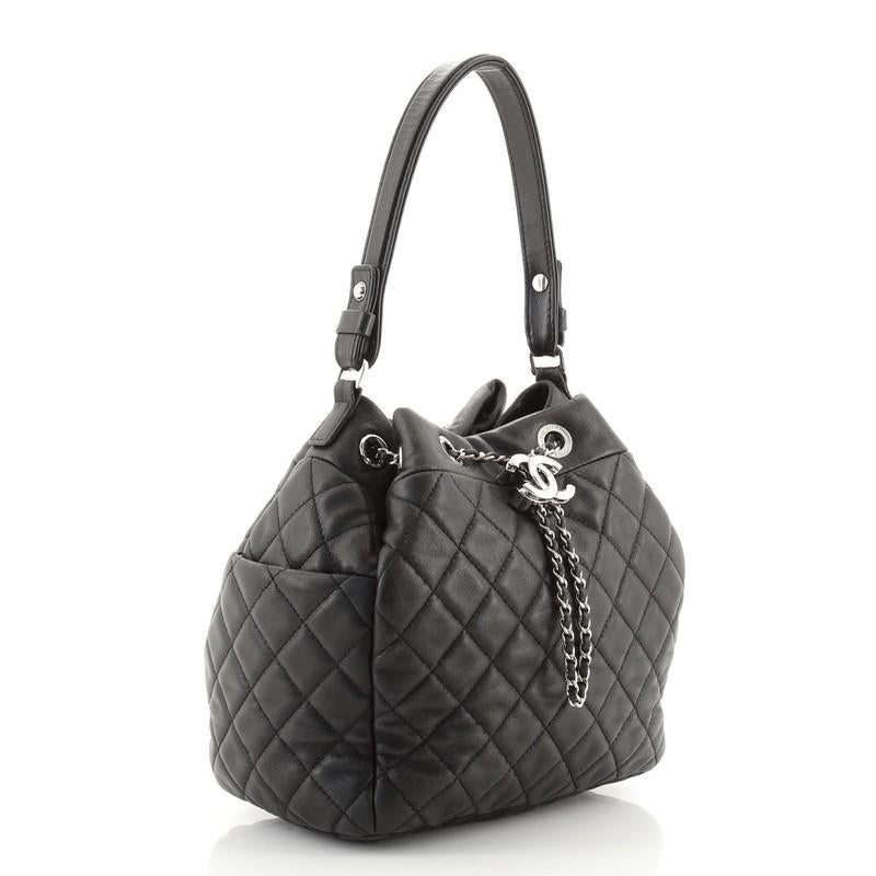 Black Chanel CC Chain Drawstring Bucket Bag Quilted Lambskin Small