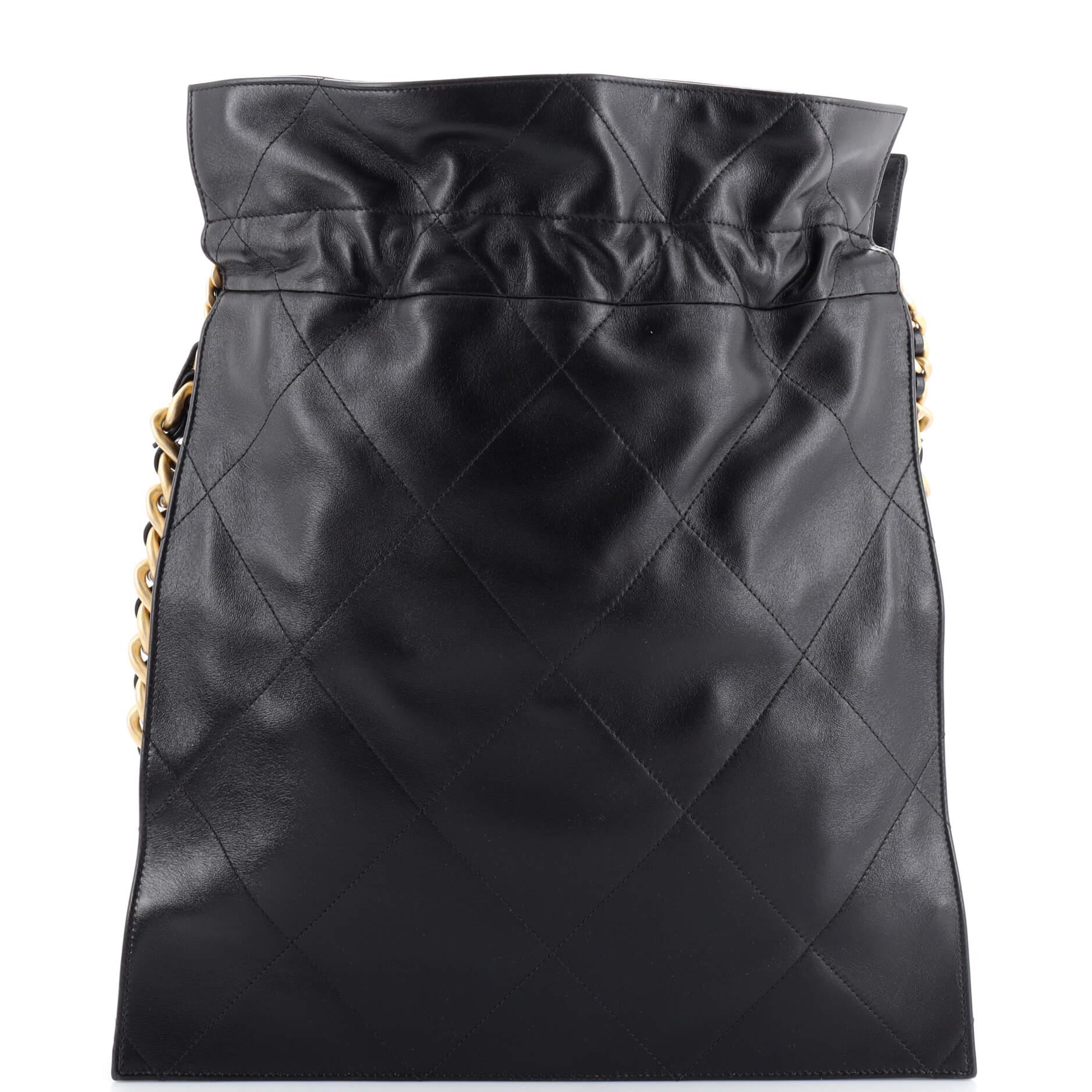 Chanel CC Chain Drawstring Shopping Bag Quilted Lambskin Large In Good Condition In NY, NY