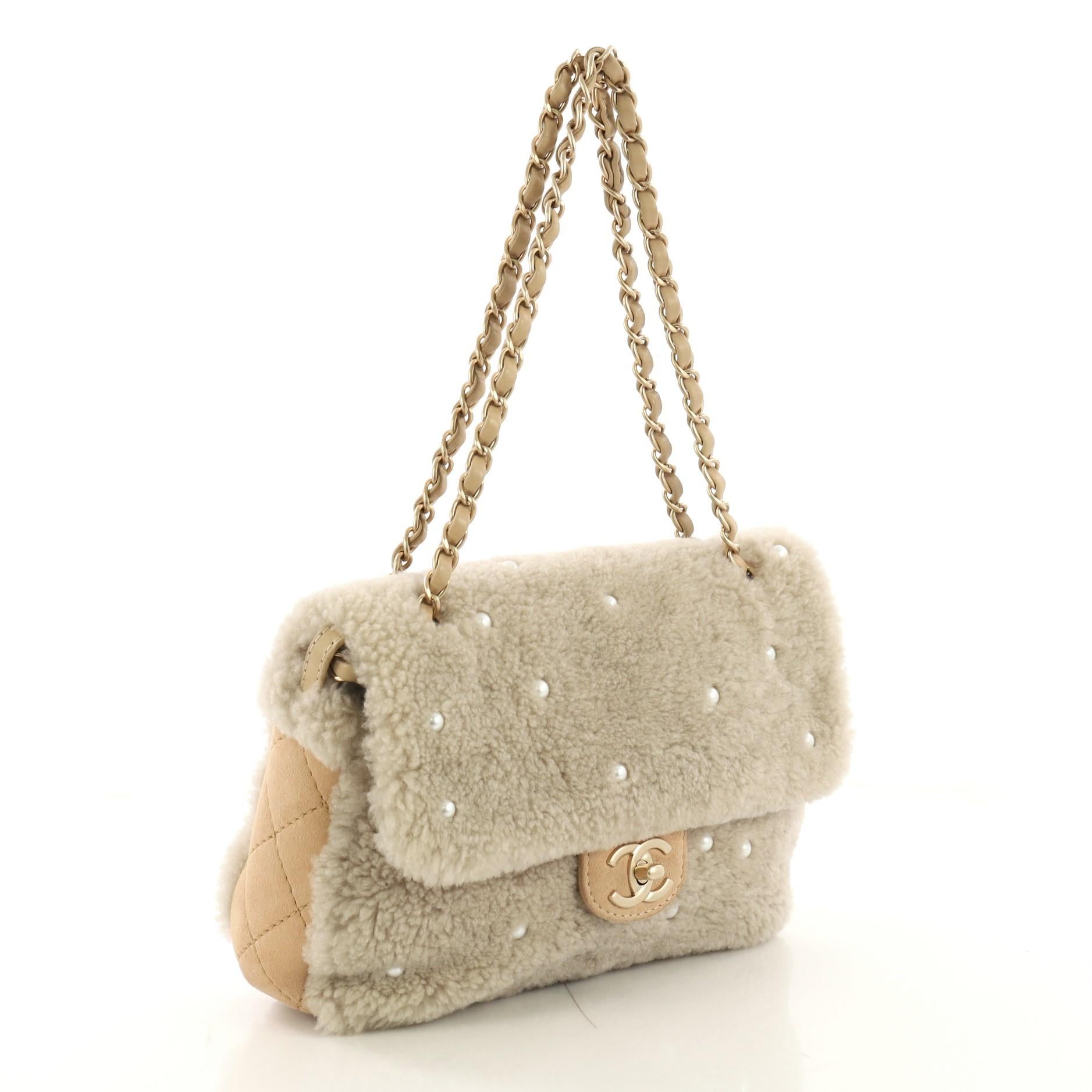 Beige Chanel CC Chain Flap Bag Pearl Embellished Shearling Medium