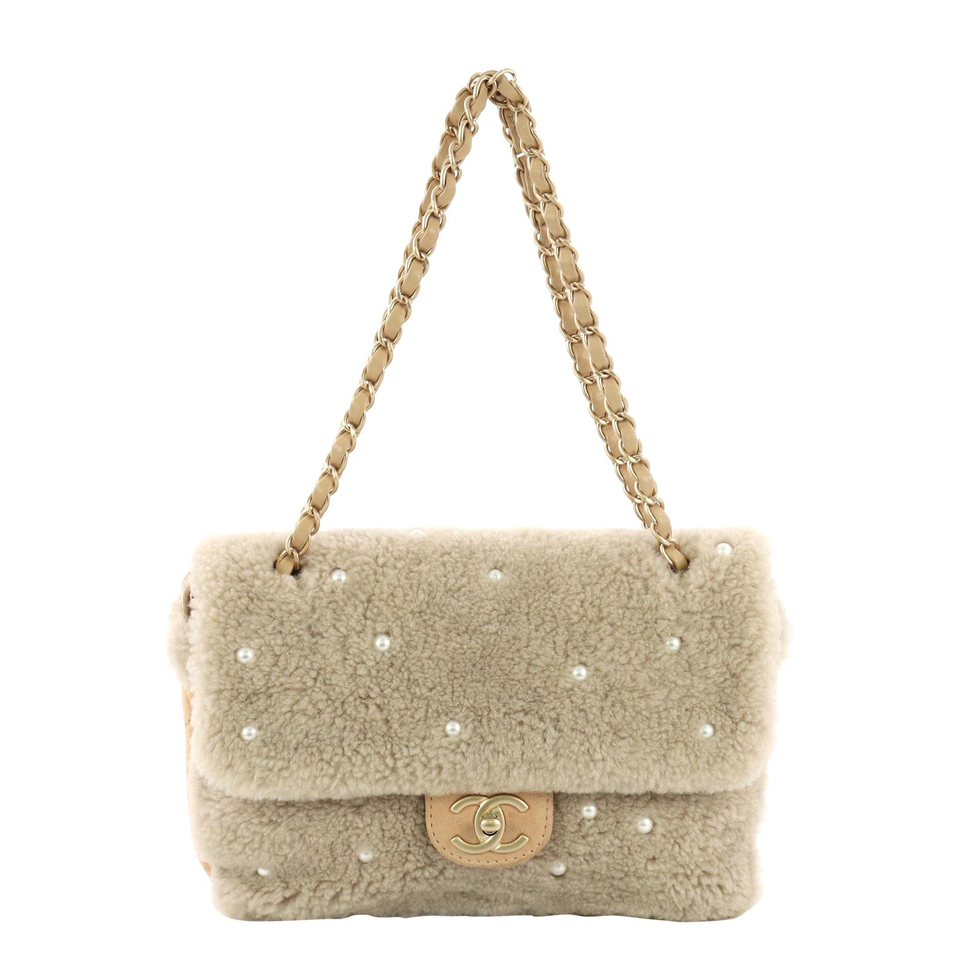 Chanel CC Chain Flap Bag Pearl Embellished Shearling Medium