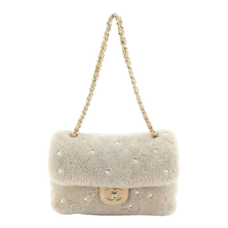 Chanel CC Chain Flap Bag Pearl Embellished Shearling at 1stDibs chanel shearling bag, chanel pearl bag, shearling dior saddle bag