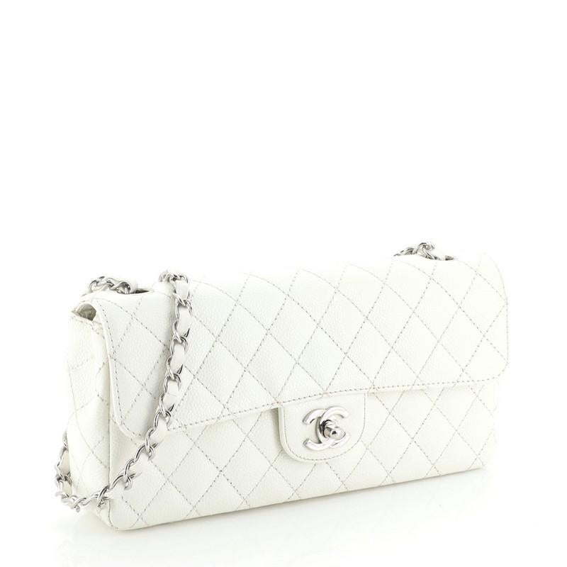White Chanel CC Chain Flap Bag Quilted Caviar East West