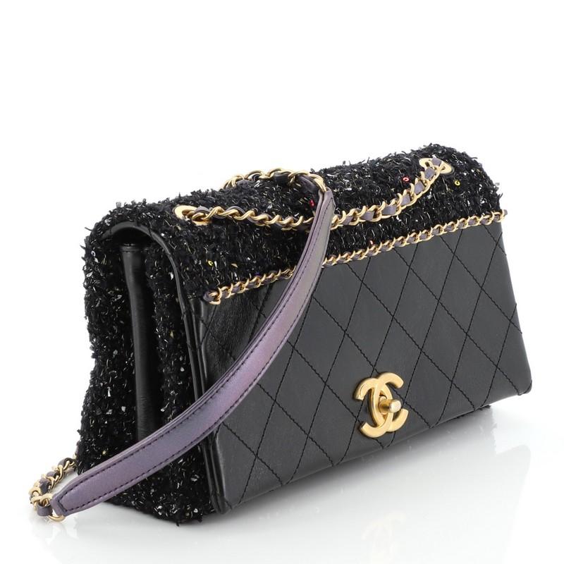 Black Chanel CC Chain Flap Bag Quilted Embellished Tweed and Quilted Calfskin Small