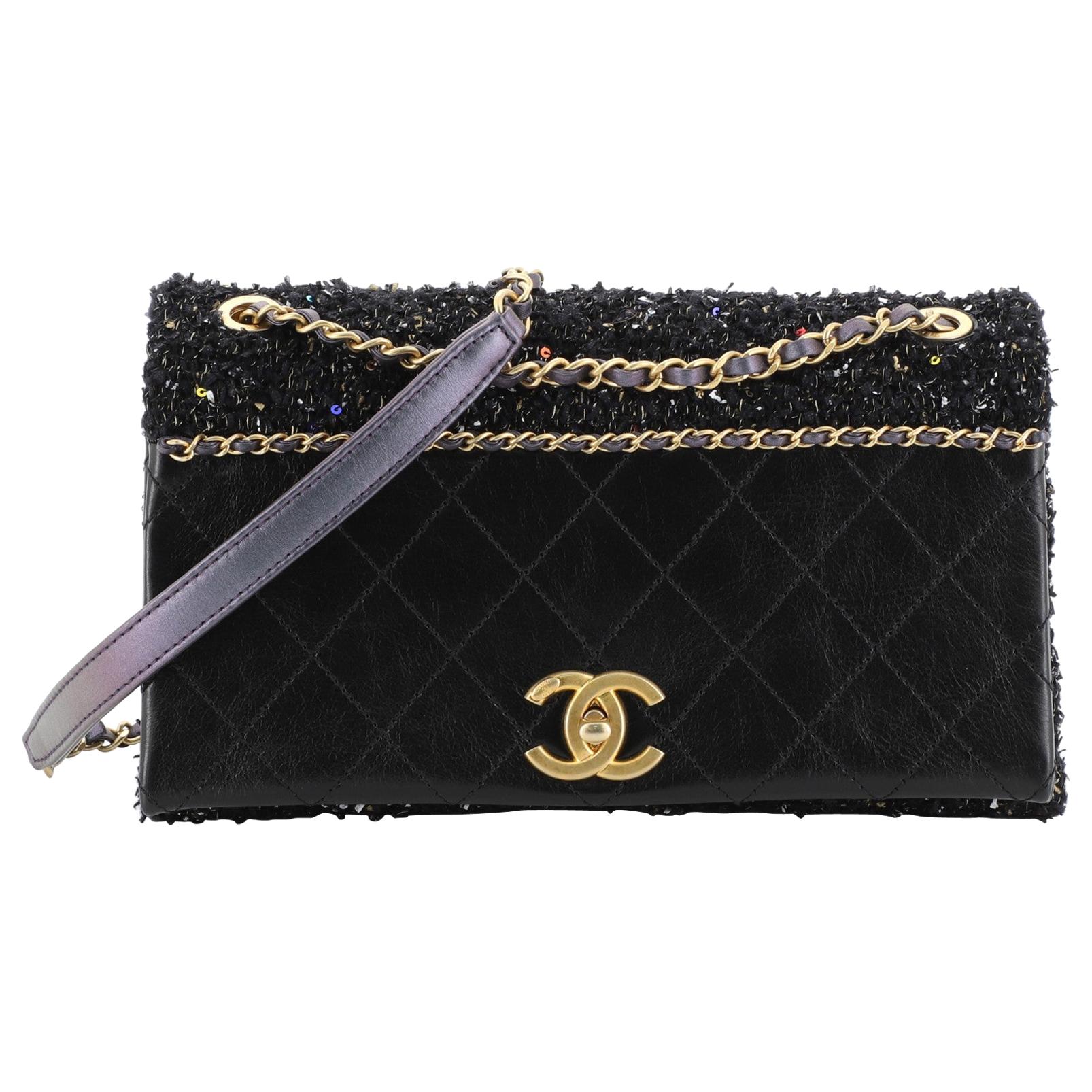  Chanel CC Chain Flap Bag Quilted Embellished Tweed and Quilted Calfskin Small