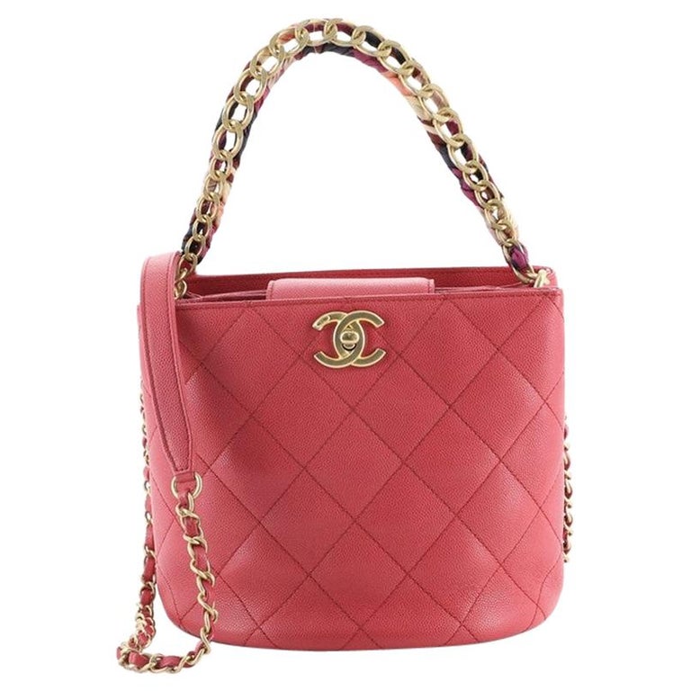 Chanel CC Chain Scarf Handle Bucket Bag Quilted Caviar with Silk