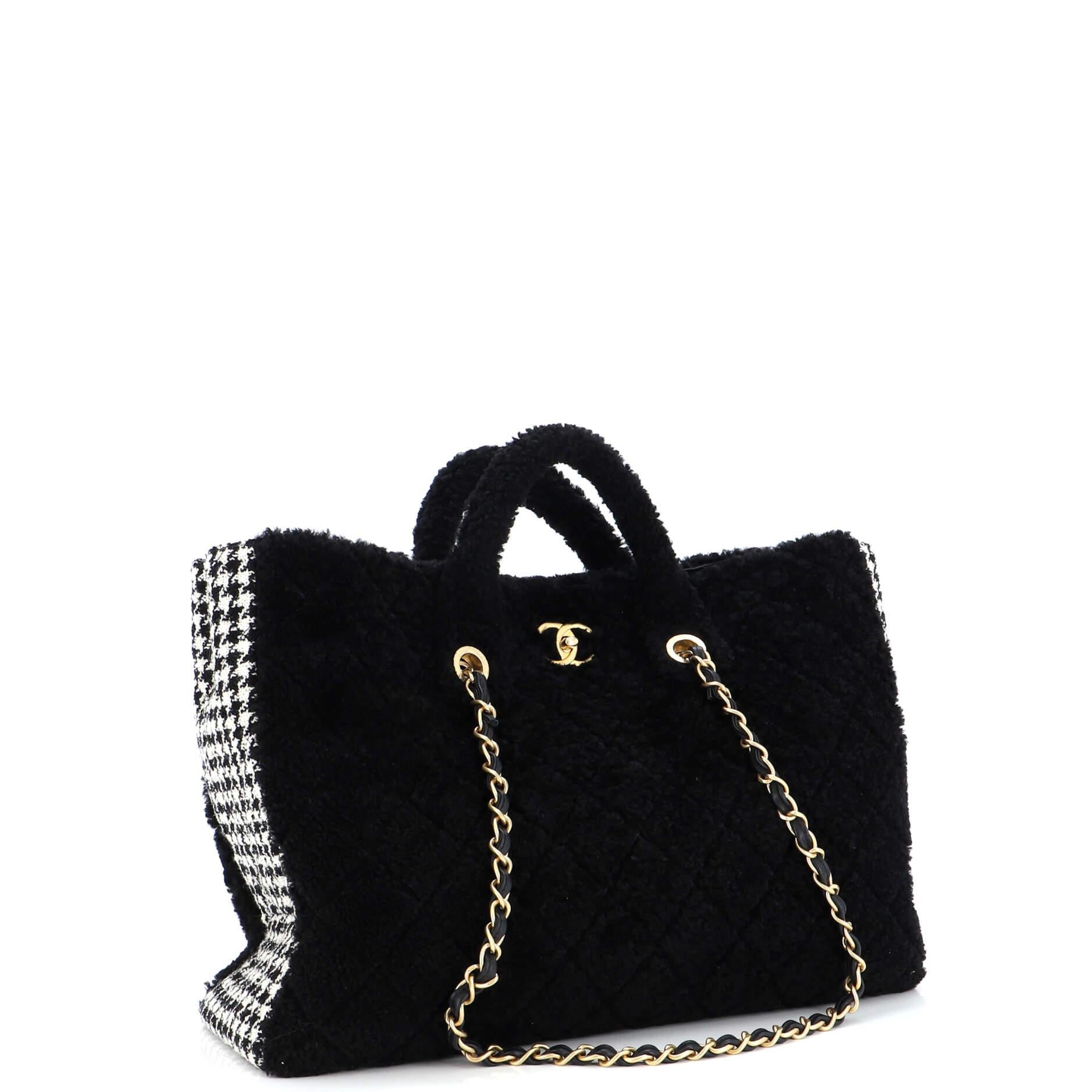Chanel CC Chain Shopping Tote Quilted Shearling with Tweed Large In Good Condition In NY, NY