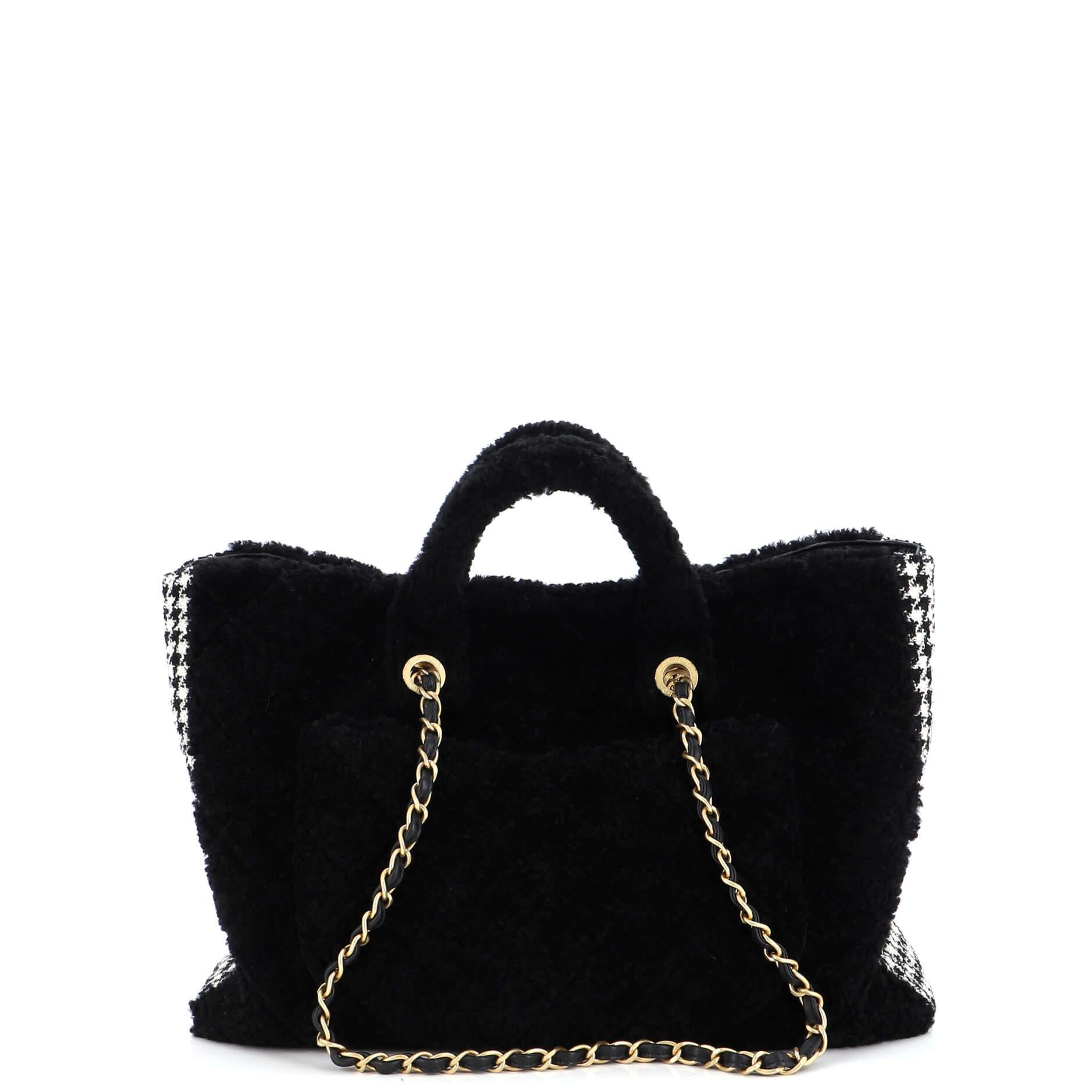 Women's or Men's Chanel CC Chain Shopping Tote Quilted Shearling with Tweed Large