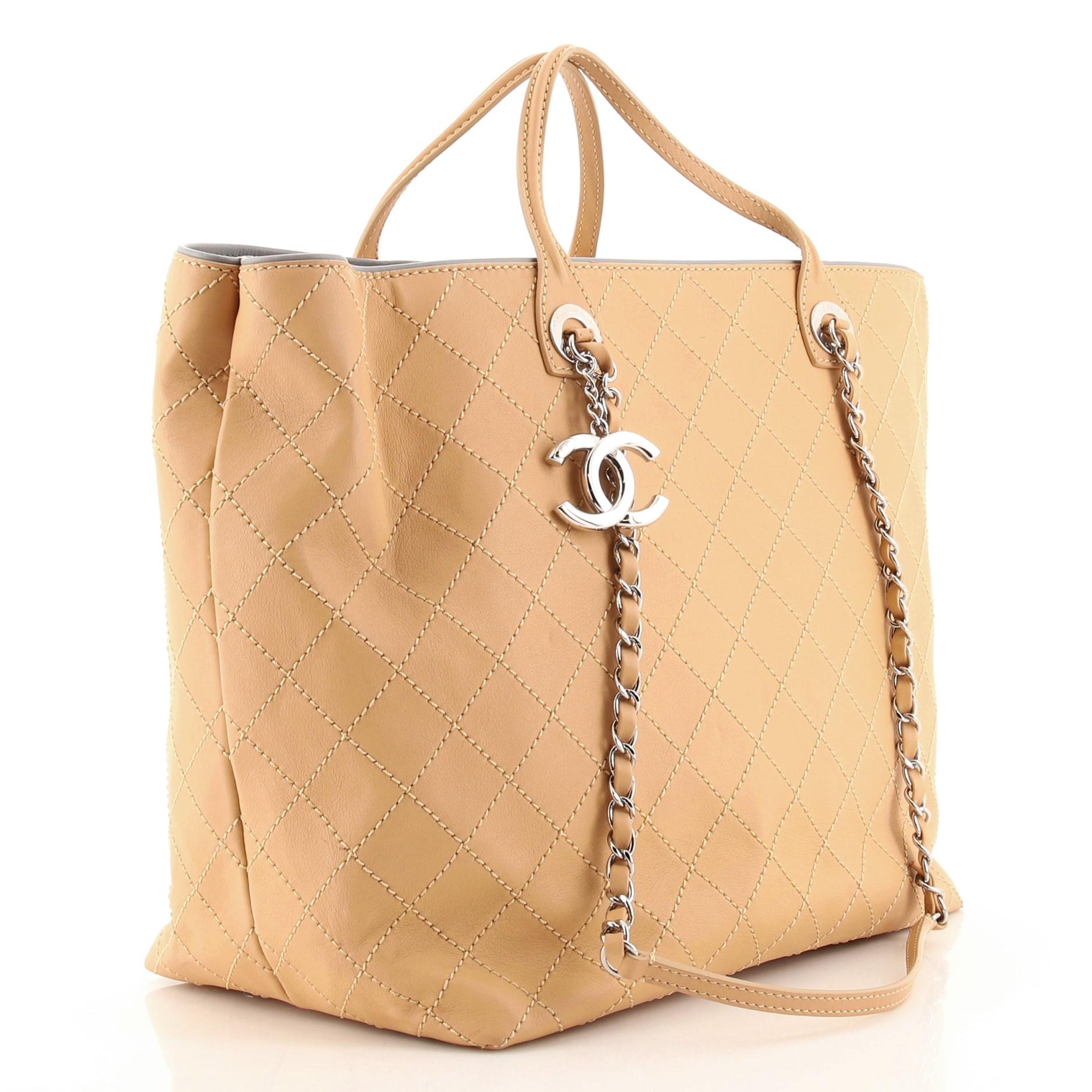 Beige Chanel CC Charm Chain Shopping Tote Quilted Calfskin XL