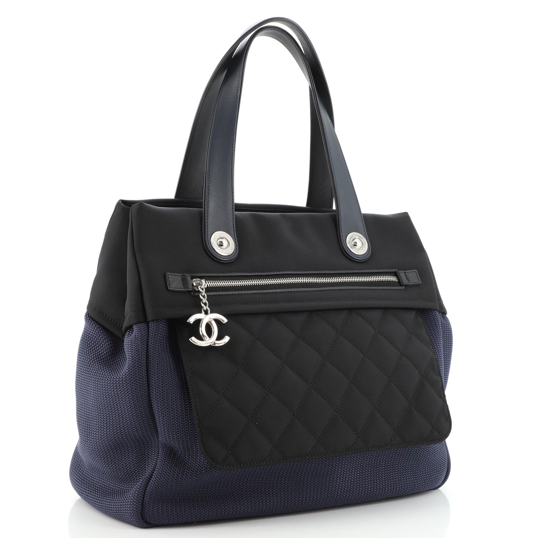 Black Chanel CC Charm Front Zip Tote Canvas with Quilted Nylon Medium