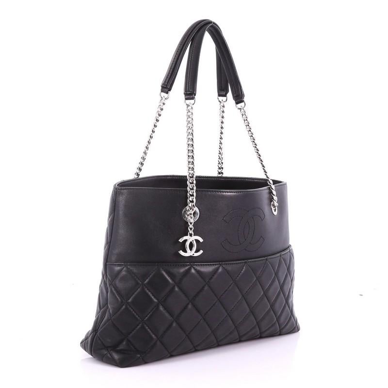 Black Chanel CC Charm Open Shopping Tote Quilted Lambskin Large