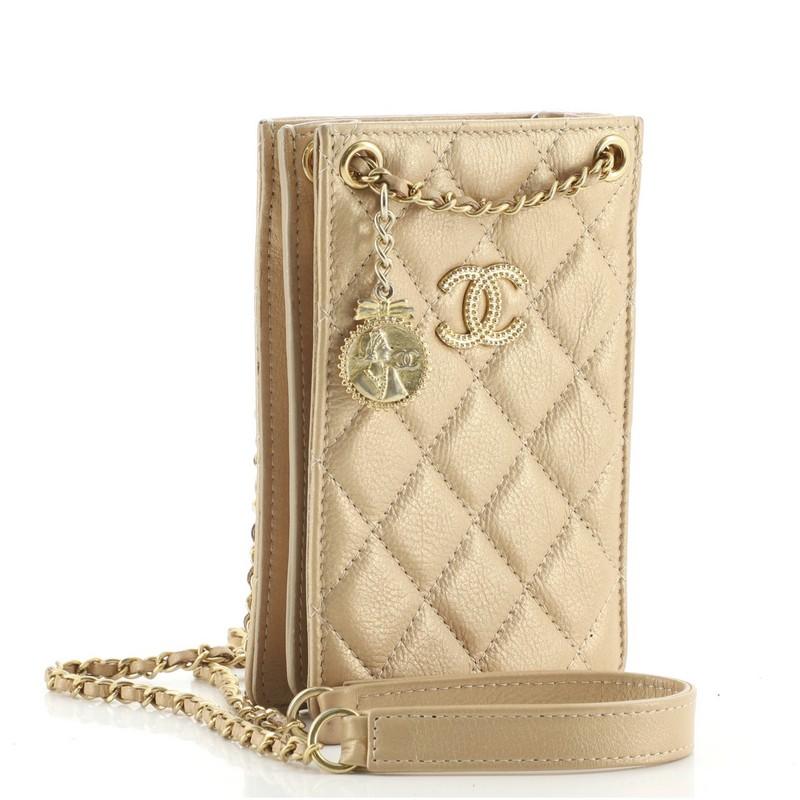 Chanel CC Charm Phone Holder Crossbody Bag Metallic Quilted Calfskin In Good Condition In NY, NY